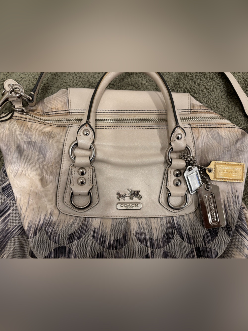 Coach Madison Op Art kat Sabrina Satchel Signature Tote Monogram Canvas Silver